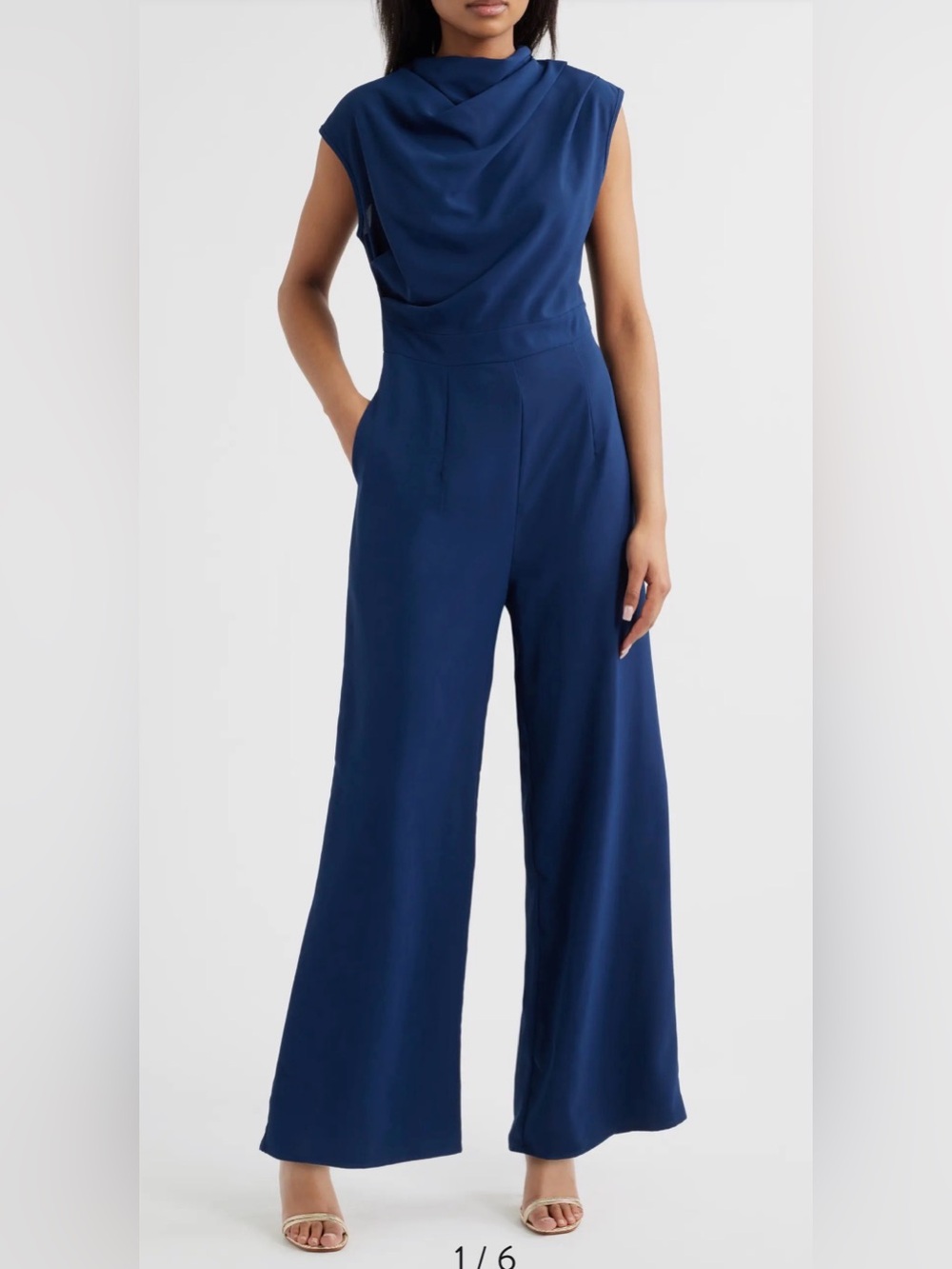 NIKKI LUND Lilou Wide Leg Sleeveless Cowl Neck Navy Jumpsuit - Small